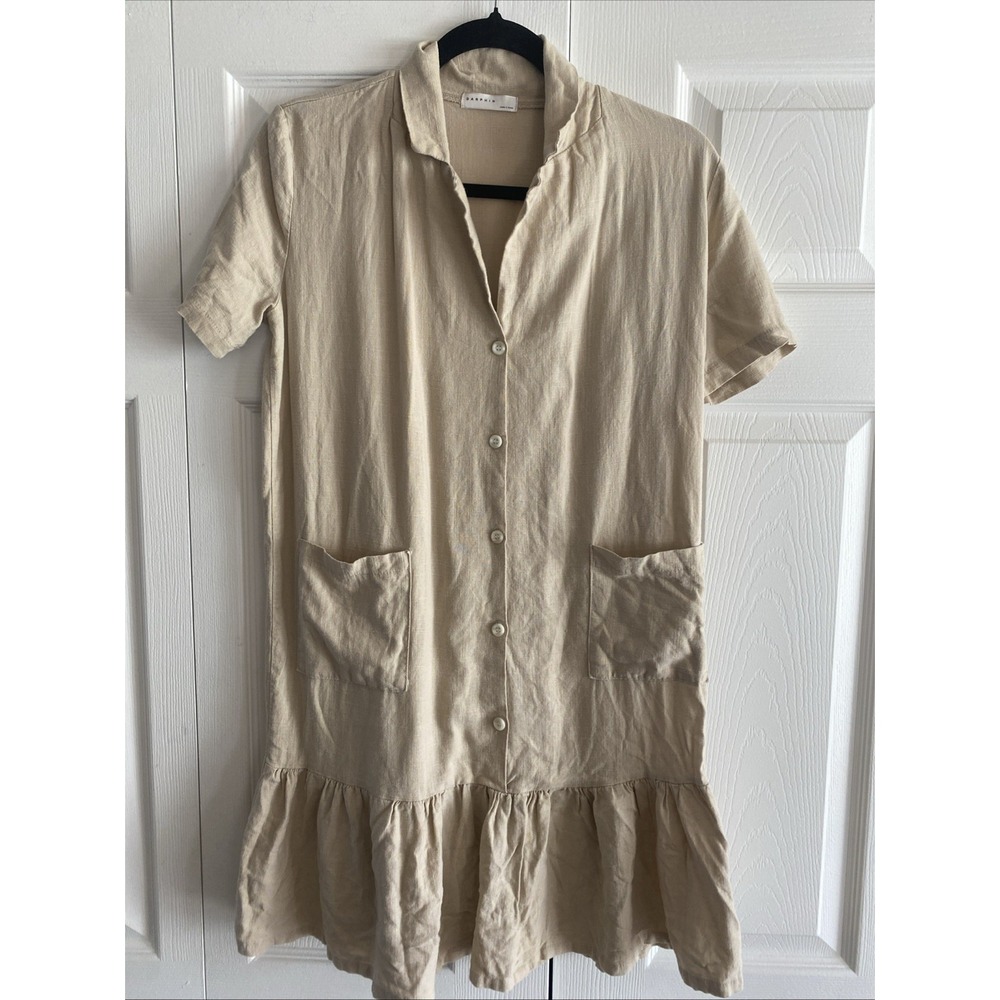 Darphin Ruffle Hem Shirt Dress Womens‎ Size L Tan Linen Blend Button Front Mini